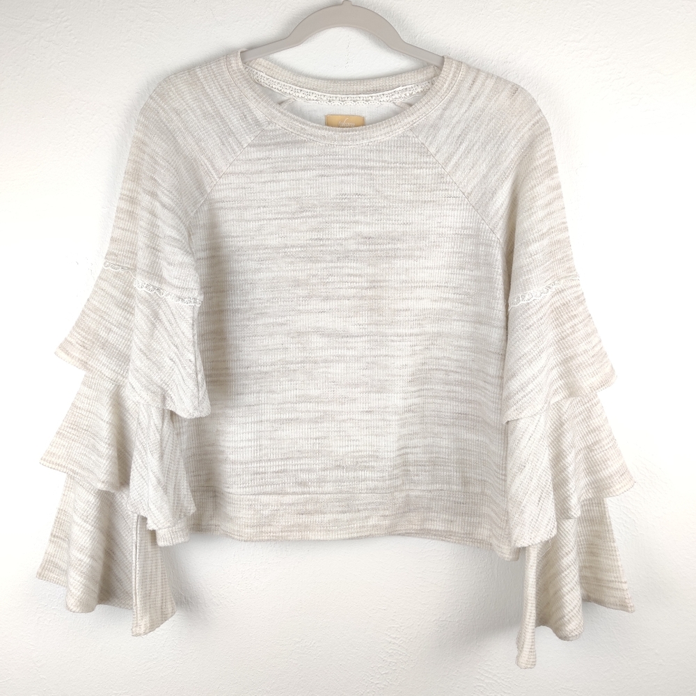 Takara Tiered Bell Sleeve Waffle Knit Crop Top M
